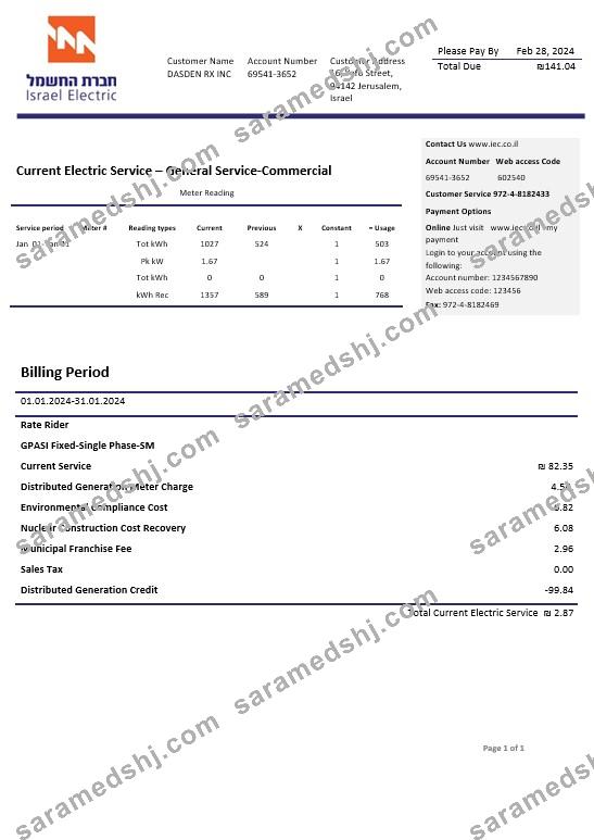 Israel Electric Corporation business utility bill template in Word and PDF formats